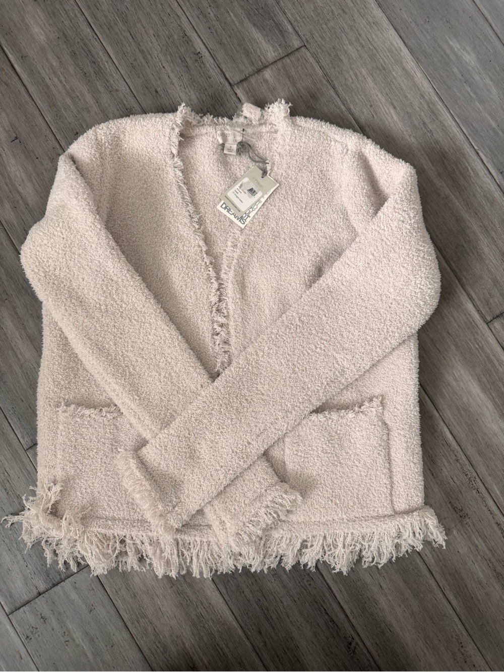 Barefoot Dreams Fringe-Trim Open Front Cardigan - Light Blush